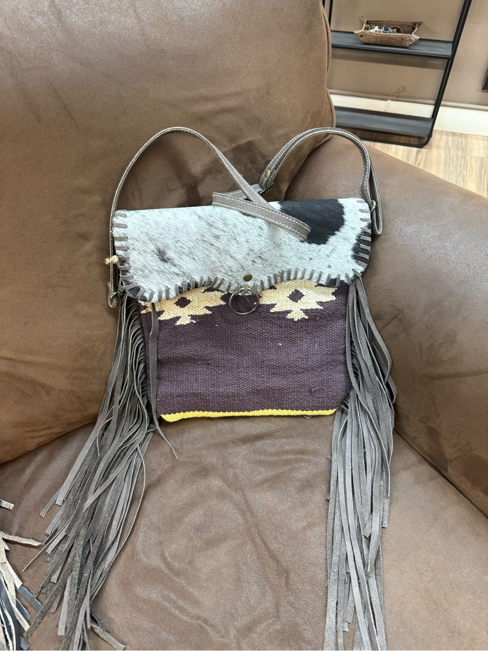 Boho Fringe Leather & Cowhide Shoulder Bag in Gray and Brown